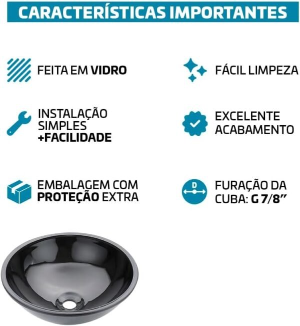 Cuba Pia De Apoio Vidro Redonda 29cm Para Banheiro Lavabo Cristal Beltempo (Preta) - Imagem 29