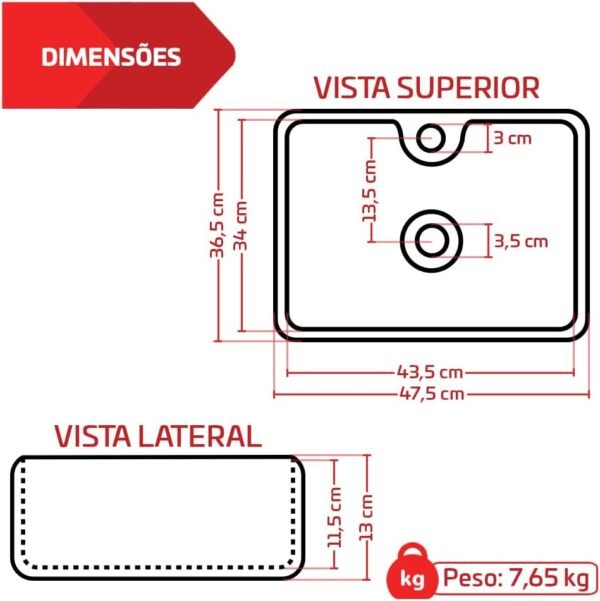 Cuba Para Banheiro Apoio Lavabo Pia Retangular 47x36cm Diamante Beltempo - Imagem 3