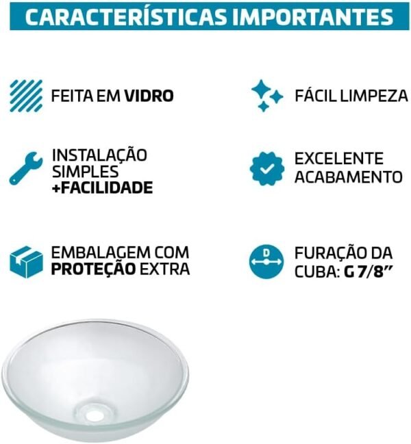 Cuba Pia De Apoio Vidro Redonda 29cm Para Banheiro Lavabo Cristal Beltempo (Preta) - Imagem 20