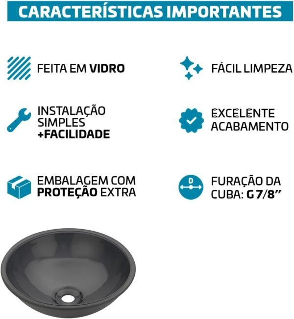 Cuba Pia De Apoio Vidro Redonda 29cm Para Banheiro Lavabo Cristal Beltempo (Preta) - Imagem 47