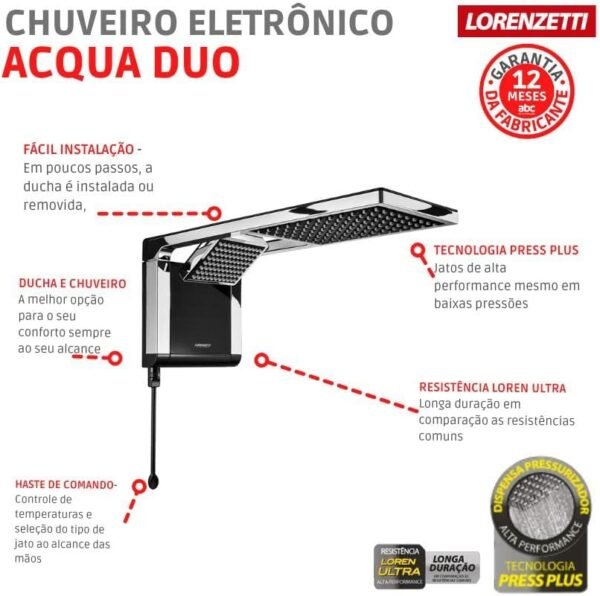 Chuveiro Acqua Duo Preto/Cromado 220V 6800W Lorenzetti - Imagem 4