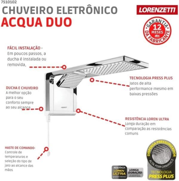 Ducha Acqua Duo Ultra Branco e Cromado 6800W com Haste para Controle da Temperatura com Comando Eletrônico e Jato Direcionável - Lorenzetti - Imagem 3