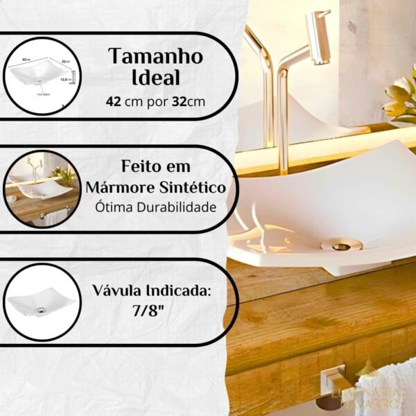Cuba Sobrepor Para Banheiro Pia de Apoio Para Lavabo Branca Retangular em Mármore Sintético Topazio (Branco) - Imagem 4